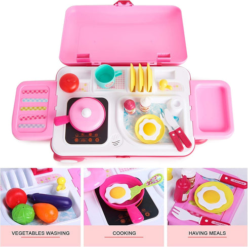 Toy Chef 2-in-1 Set Playset Travel Suitcase Kitchen for Children | Kids' Cooking Includes Toy Pots, Pans, Dishes