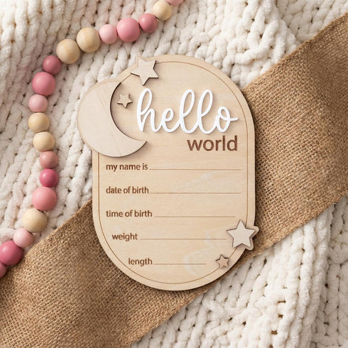 TTMerriwood 6.5 Inch Baby Announcement Sign Star, Wooden Hello World Newborn Welcome Sign Birth Name Plaques for Photo