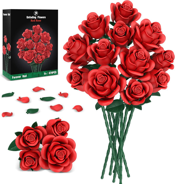QIFUN Red Roses Flower Bouquet Building Sets, 670Pcs Artificial Flowers Building Blocks Compatible