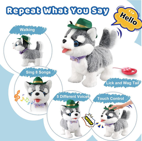 Ylpaprm Walking Husky Barking Dog Toy for Child Kid Licking Talking Puppy with Leash, Interactive Puppy that Barks Tail