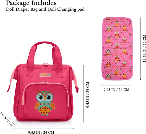 HappyVk Baby Doll Diaper Bag with Doll Changing Pad - Handbag for Girls, Owl Embroidery
