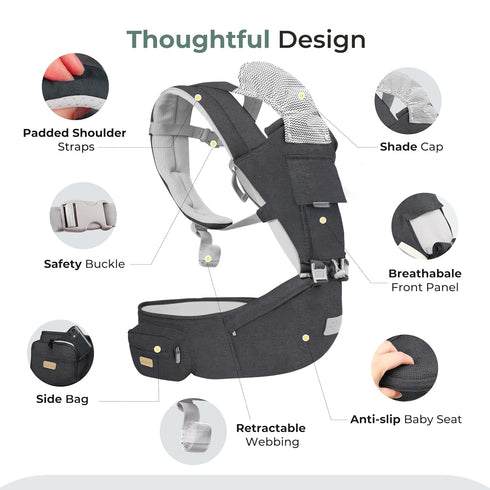 6-in-1 FRUITEAM Baby Carrier with Waist Stool, One Size Fits All -Adapt to Newborn, Baby Hip Carrier for Breastfeeding