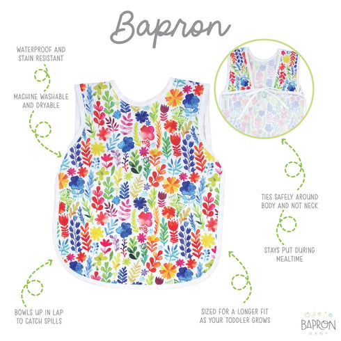 BapronBaby Rainbow Watercolor Floral Bapron - No Neck Tie Bib for Baby & Toddler, Soft Waterproof, Machine Washable