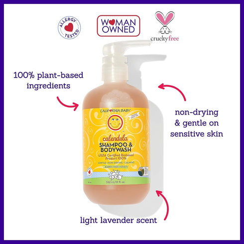 Set 100% 19oz 8.5oz California Baby Calendula Baby Shampoo and Conditioner | Plant-Based | Soothing Lavender Body Wash