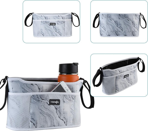 CM Stroller Organizer Diaper Bag with Drink Holders and Zipped Pockets for Baby Stroller, Marble White