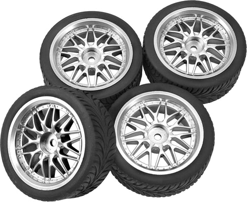 OD 2.55" Rubber Tires & Plastic Wheel Rims 12mm Hex Hub Compatible with HSP Tamiya HPI Kyosho Redcat ExceedRC 1/10 On-Road Touring Car,WLtoys 1/14 144001 RC Buggy (Silver)