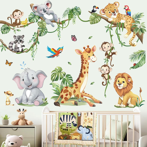 decalmile Safari Animals Tree Branch Wall Stickers Jungle Animals Giraffe Elephant Leopard Tropical Leaves Wall Decals