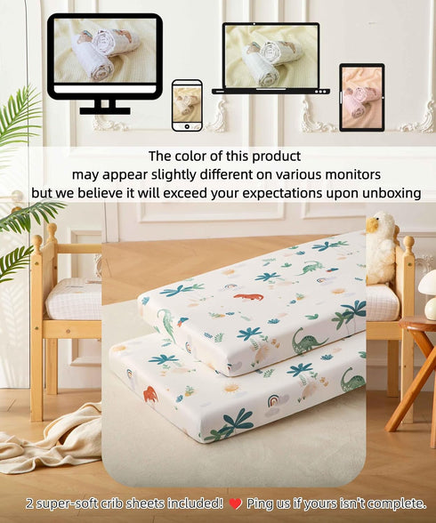 Girls,52x28x8, 2 Pack, SDY Jersey Dinosaur Crib Sheets for Baby Boys and Cute Kawaii Standard Oval/Retangle Fitted Crib
