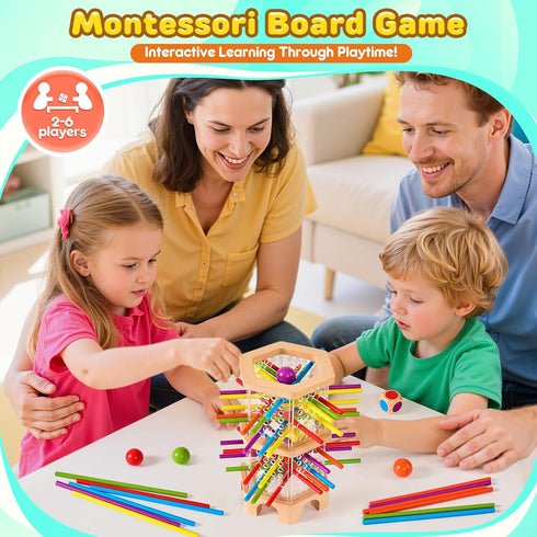 WhimsiPlay 42 3 4 5 6 Counting Montessori Wooden Board Game, Colorful Sticks Dice Games for Kids Years, Math Learning