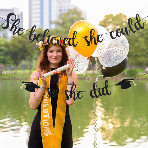 Black Glitter She Believed She Could So She Did Banner - Girls 2025 Graduation Party Decorations