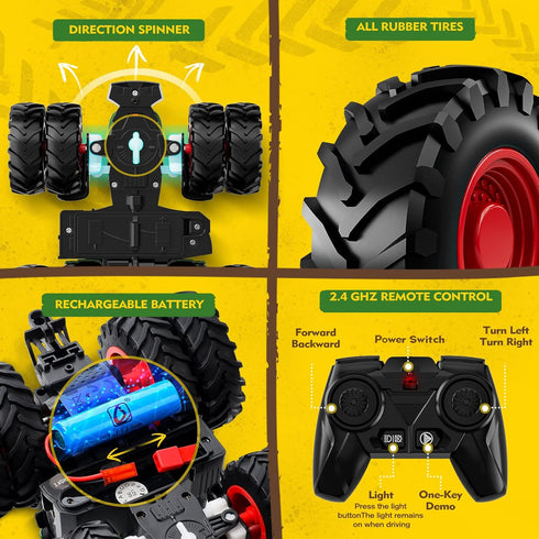 Set 8-Wheel 3-9, Uarzt Remote Control Tractor Toy with Trailer | Metal Front & Front Loader Farm Vehicle with Lights