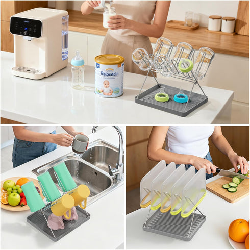 Countertop, Bottle Drying Rack, Stainless Steel Foldable Water Bottle Drying Rack Organizer with Drain Tray for Baby