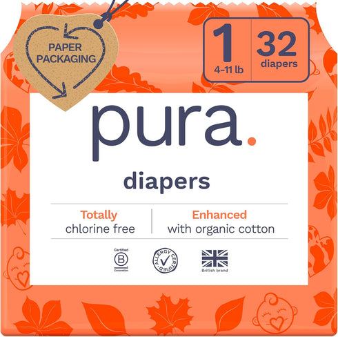 Pura Hypoallergenic Diapers, Size 1 (4-11 lbs), Newborn, Totally Chlorine Free, Wetness
