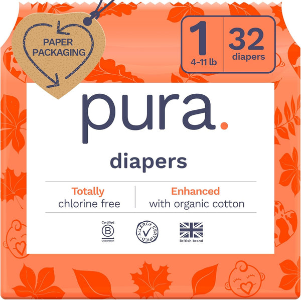 Pura Hypoallergenic Diapers, Size 1 (4-11 lbs), Newborn, Totally Chlorine Free, Wetness