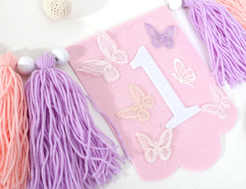 BASCT 1st Butterfly Birthday High Chair Banner - Fairy Pink and Purple Tassel, Spring Decoration for Girls (Highchair
