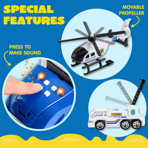 25 1 Set 3 JOYIN in Police Rescue Truck Car Toy with Sounds and Lights, Mini Vehicles in Carrier Truck, Play Police