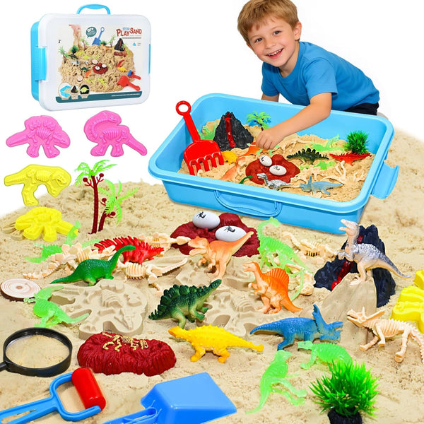 Dinosaur Sensory Bin with Lid, 2.64lbs Magic Sand, Dino Figures, Skeletons &