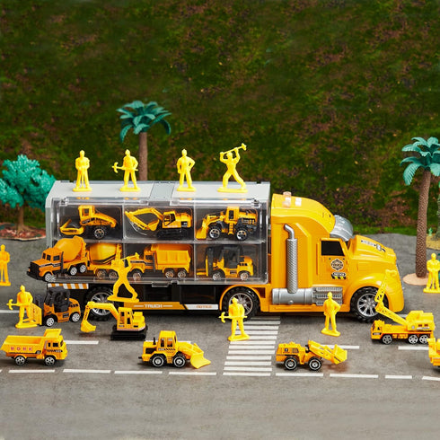 JOYIN 25 in 1 Construction Truck Vehicle Toy Set - Play Vehicles with Sounds and Lights in Carrier Truck