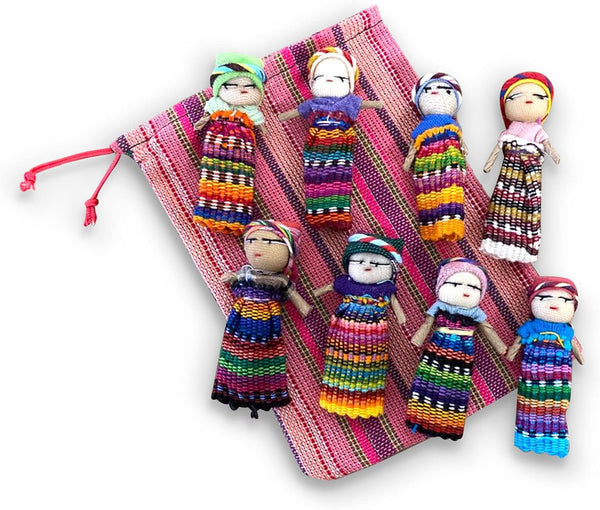 Thorness Set of 8 Guatemalan Handmade Worry Dolls with Colourful Storage Bag, Anxiety Dolls for Girls and Boys