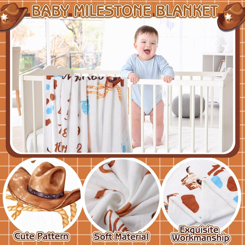 Cowboy Baby Boy Milestone Blanket Western Theme Cow Print Baby Growth Chart Blanket for Boy Newborn My First Rodeo