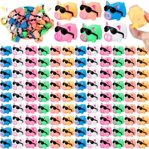 Syhood 150 Packs Mini Rubber Pigs with Sunglasses - Squeaky Piggy Bath Toys for Shower Birthday Party Favors