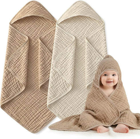 HUITAO Hooded Baby Bath Towels for Newborn, 2 Pack - 6-Layer 100% Muslin