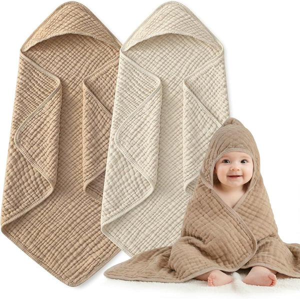 HUITAO Hooded Baby Bath Towels for Newborn, 2 Pack - 6-Layer 100% Muslin
