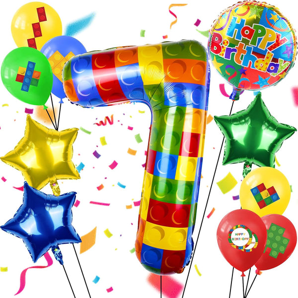 40 Inch Building Block Number Balloon, Colorful Number Block Foil Balloons for Girls Boys Birthday Decorations (Number