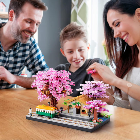 Architecture Japanese Cherry Blossom Tree Flowers Set - Micro Blocks Collectible Building Model Kit with 2 Figures