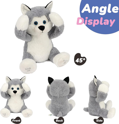 Hopearl Peek A Boo Husky Interactive Plush Dog Toy, Musical Singing Talking Stuffed Animal, Gray, 11.5''.