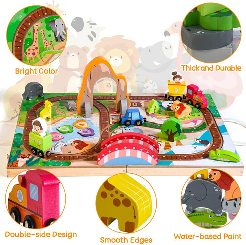 Wooden Take Along Train Set with Magnetic Fishing Game, 25 Pcs Animal Stacking Toy for Toddlers 1-3