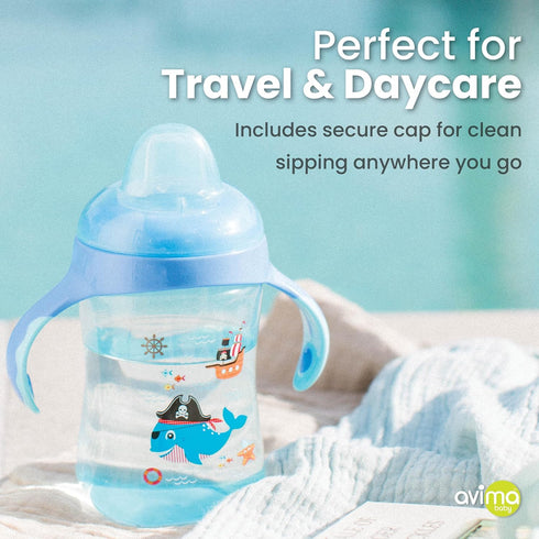 Avima Baby 10 oz Spill Proof Sippy Cup - Interchangeable Soft Spout Nipple Trainer Cup with Handles - Set of 2, Blue