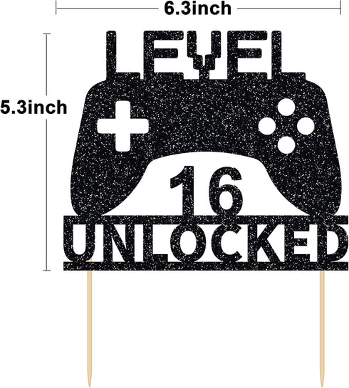 Level 16 Unlocked Cake Topper, Video Game Controller Cake Topper for 16th Birthday Party Decoration