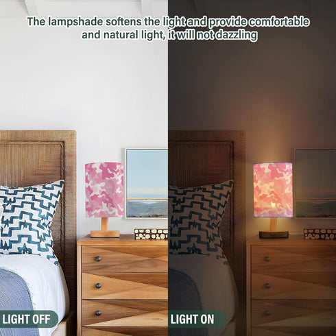 Vdsrup Table Lamp Pink White Camo Nightstand lamp Fabric Lamps with Wood Base Fabric Shade Bedside Desk Lamps