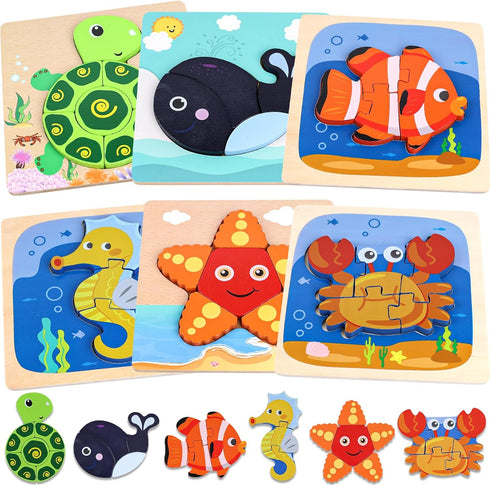 LovesTown 6PCS Wooden Toddler Puzzles - Montessori Sea Animal Jigsaw Puzzles for Kids Educational Gift