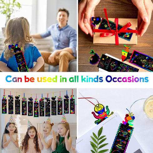 100Pcs Scratch Art Bookmarks Making Kit | DIY Animal Bookmarks with Ribbons and Wood Stylus for Classroom Activities