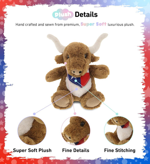 DolliBu Plush Texas Longhorn Stuffed Animal - Soft Huggable Plush Toy for Kids & Adults, 8 Inches