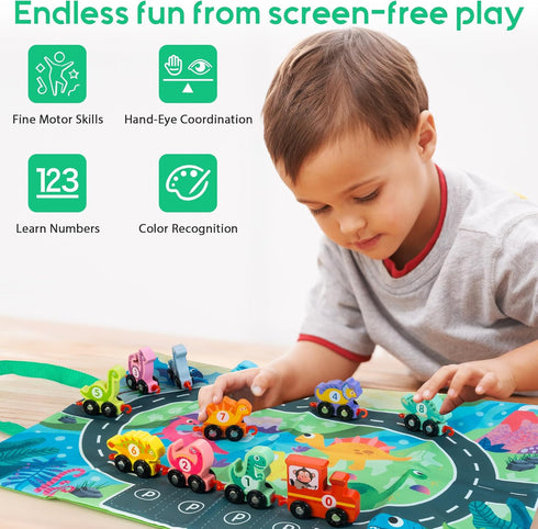 HELLOWOOD Dinosaur Toys for Toddlers Age 2-4, Wooden Dinosaur Train Set with Playmat and Storage Bag