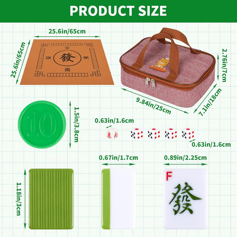 Chinese Small Mahjong Set, 144 Numbered Melamine Tiles (Green) with Carrying Bag, Complete Game Set