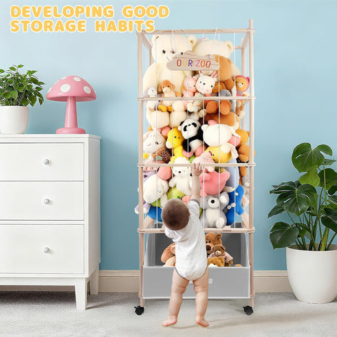 64" Stuffed Animal Storage, Super Large Plush Toy Organizer with Wheels, Wooden Stuffed Animal Holder with Removable