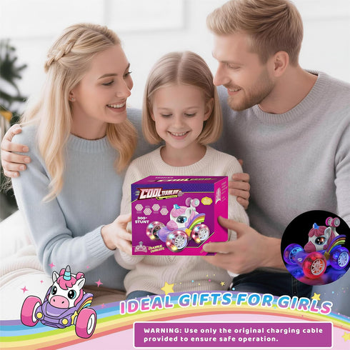 HudinFunC 360 Lights,4WD 3 4 5 6 Unicorn Remote Control Car for Girls, Rechargeable Rotating Stunt RC Car with LED