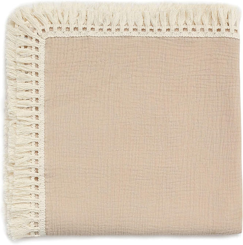 insular Cotton Muslin Baby Blanket with Tassel, Boho Muslin Swaddle Blanket, 47" x 40”, Khaki