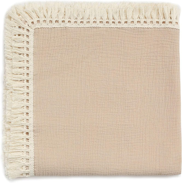 insular Cotton Muslin Baby Blanket with Tassel, Boho Muslin Swaddle Blanket, 47" x 40”, Khaki
