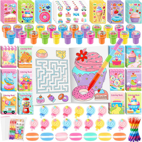 BenLouis 168Pcs Candyland Party Favors Ice Cream Donut Coloring Book Crayon Stickers