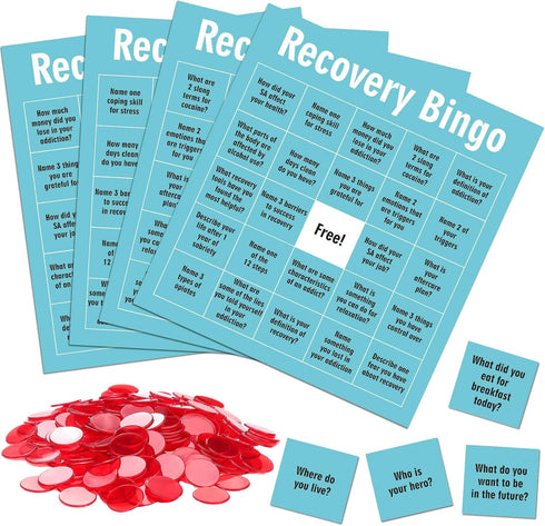 Simgoing Recovery Bingo Game with 24 Cards and 600 Cross Chips Questions Recovery