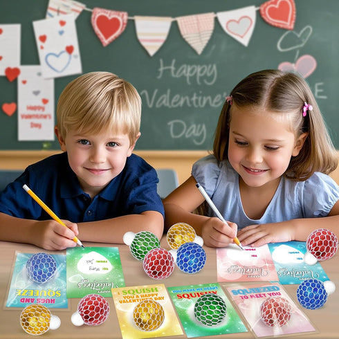 24 Valentines Day Cards for Kids School Classroom, Stretch Squeeze Balls Fidget Toys with Valentines' Cards, Valentines