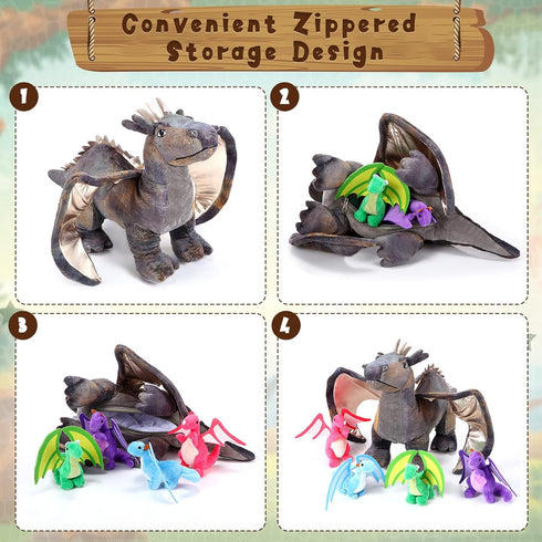 5 16 Inch 4 Mommy HyDren Pcs Dragon Plush Toys Dragon Stuffed with Babies Dragons in Dinosaur Belly, Plush Animal