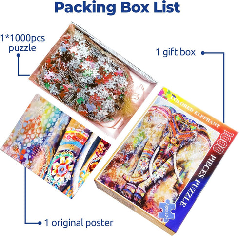 najiaxiaowu 1000 Pieces Jigsaw Puzzles, Colored Elephant DIY Wooden Puzzle for Adults and Children, 75x50 cm