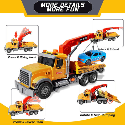 15" Big Truck Toys Set, Include Tow Truck, Racing Car, Metal Off-Road Car, Traffic Signs, Sound and Lights