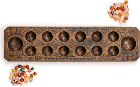Set 17.3-Inch Yellow Mountain Imports Mancala with Solid Wood Board and Quartz Pebble Playing Pieces
